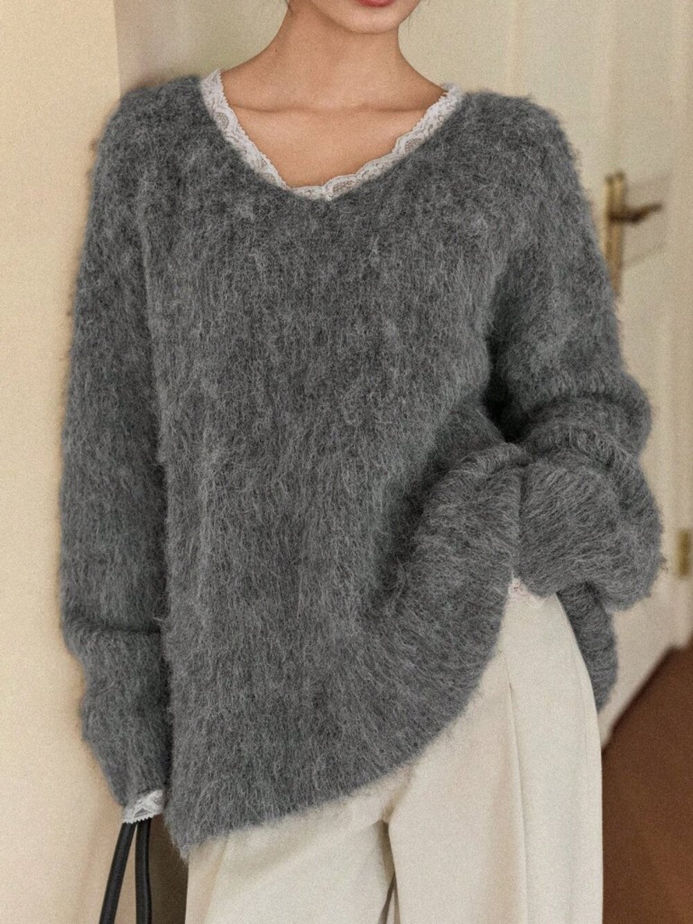 Grey Casual Women's V-Neck Long Sleeve Loose Fuzzy Sweater - Picture 7 of 9